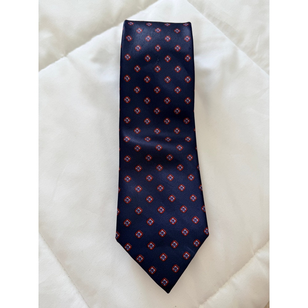 Towncraft Vintage Mens Tie Navy Blue Red Geometric Diamond Medallion USA Made